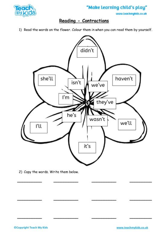 Worksheets for kids - reading – contractions