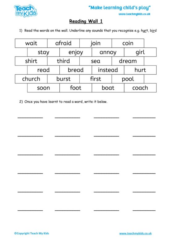 Worksheets for kids - reading wall 1
