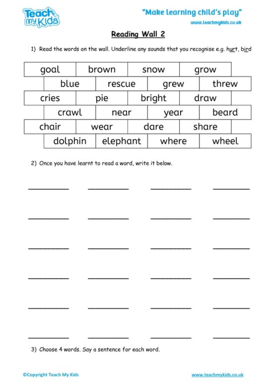 Worksheets for kids - reading wall 2