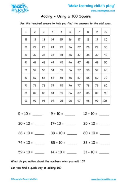 Worksheets for kids - adding-using-a-100-square1