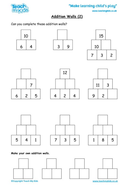 Worksheets for kids - addition-walls-2
