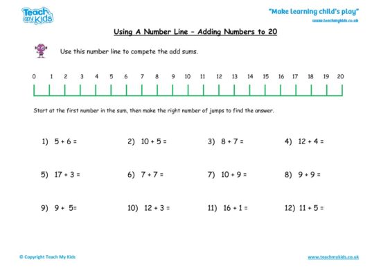 Worksheets for kids - number-line-add-to-20