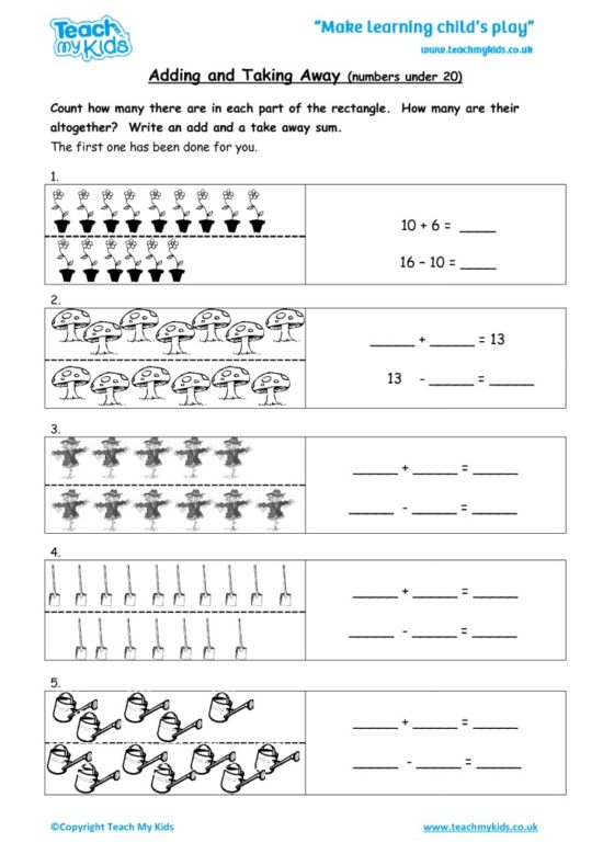 Worksheets for kids - adding-and-taking-away-numbers-under-20