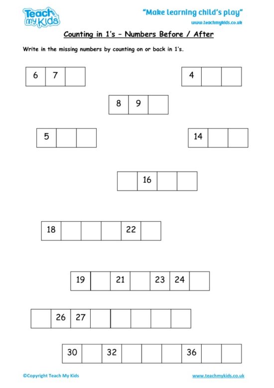 Worksheets for kids - Counting in 1s – nos before, after