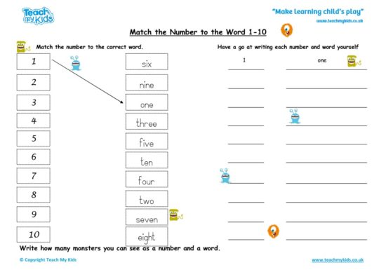 Worksheets for kids - Match the number to the word 1-10