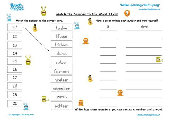 Worksheets for kids - Match the number to the word 11-20