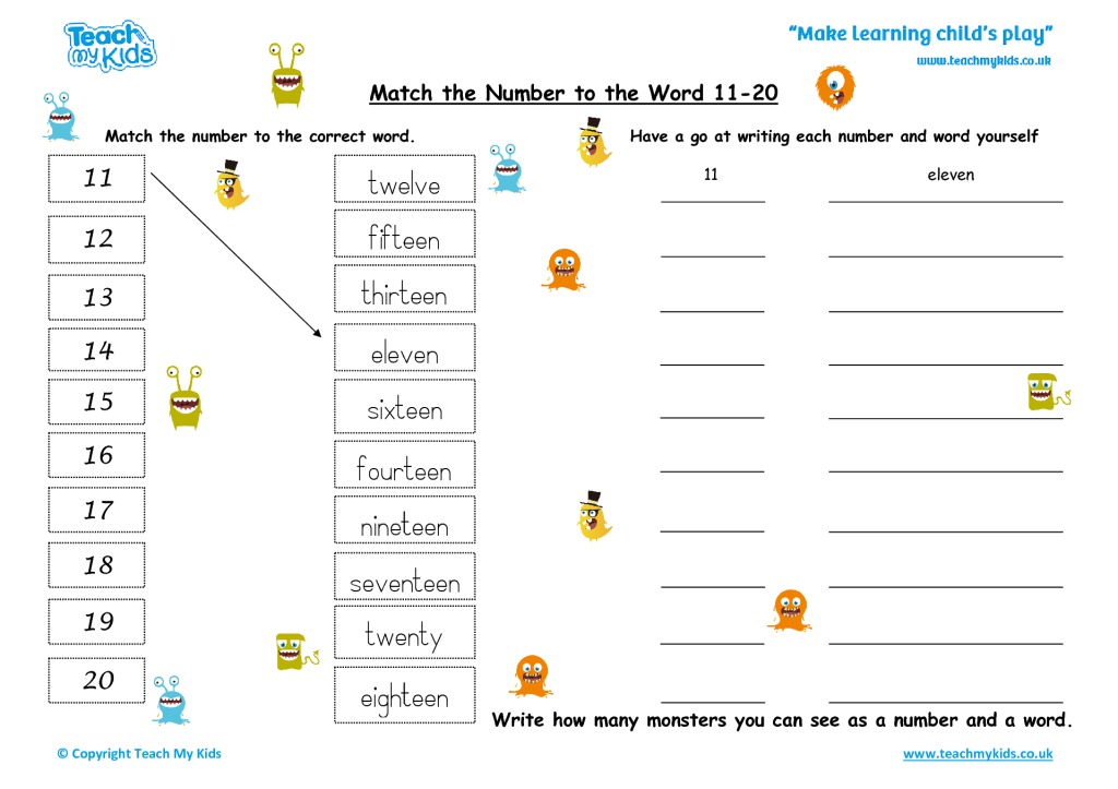 Worksheets for kids - Match the number to the word 11-20.