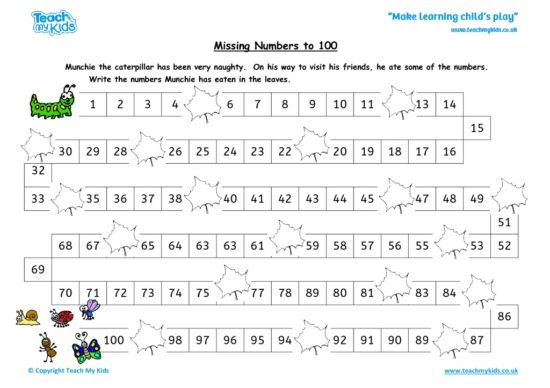 Worksheets for kids - missing numbers to 100