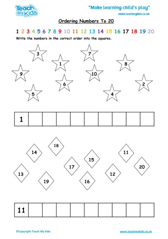 Worksheets for kids - ordering-nos-to-20