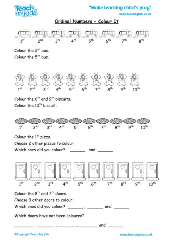 Worksheets for kids - ordinal numbers – colour it