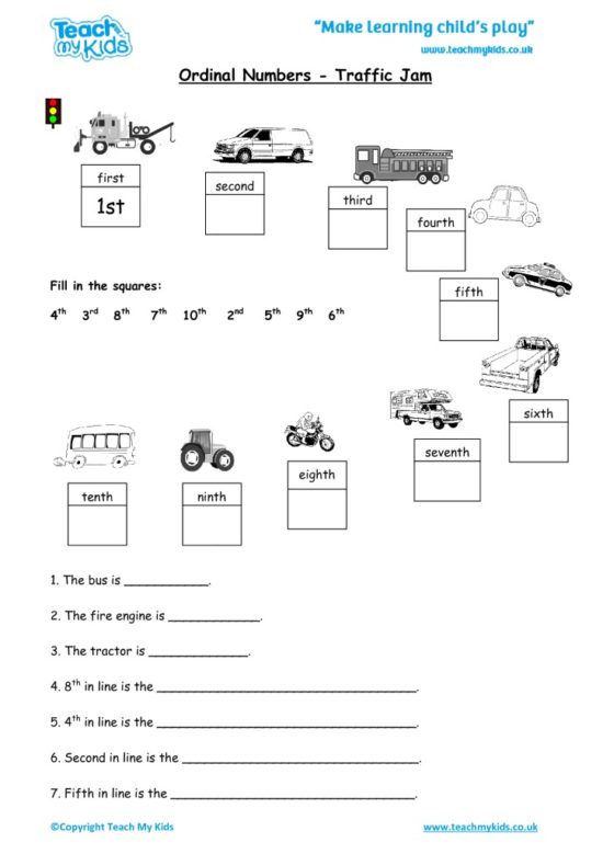 Worksheets for kids - ordinal numbers – traffic jam