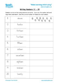 Worksheets for kids - writing numbers, 11-20