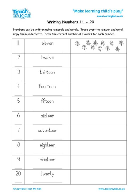 Worksheets for kids - writing numbers, 11-20