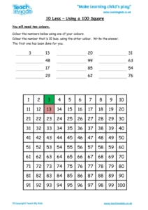 Worksheets for kids - 10-less-using-a-100-square1