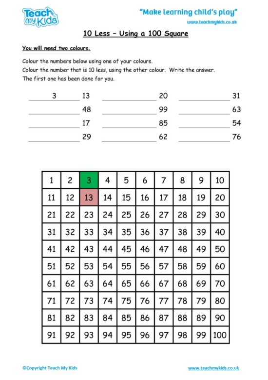 Worksheets for kids - 10-less-using-a-100-square1