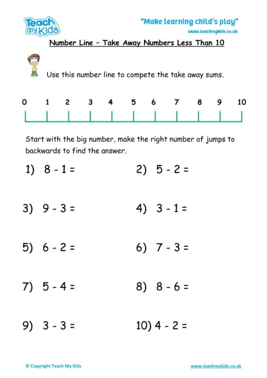 Worksheets for kids - number-line-take-away-under-10