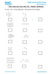 Worksheets for kids - take-away-less-than-15-number-sentence