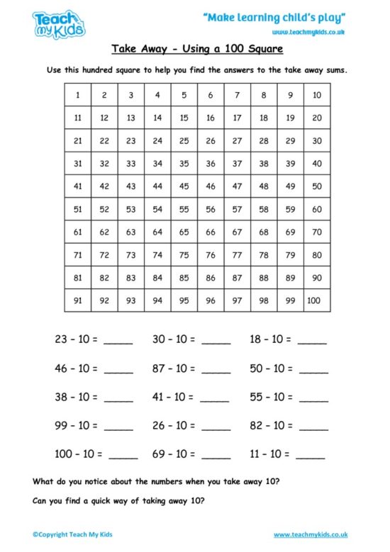 Worksheets for kids - take-away-using-a-100-square