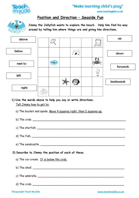 Worksheets for kids - position_direction_seaside_fun