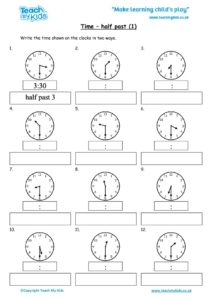 Worksheets for kids - time-half-past-1