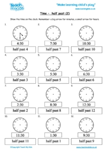 Worksheets for kids - time-half-past-2