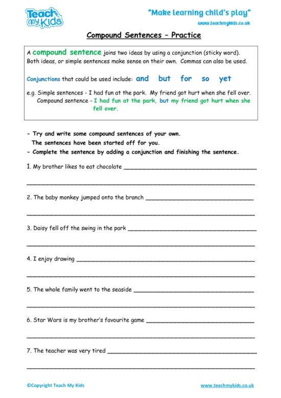 Worksheets for kids - compound-sentences-practise