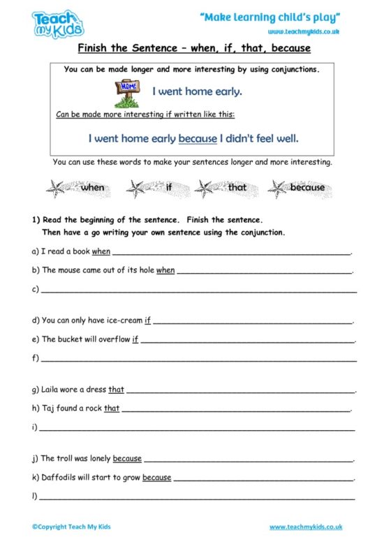 Worksheets for kids - finish_the_sentence_-_when_if_that_because