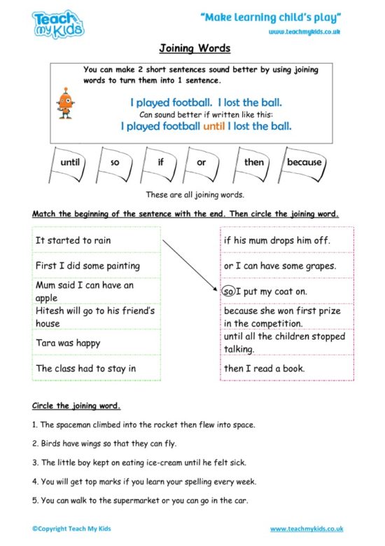 Worksheets for kids - joining-words