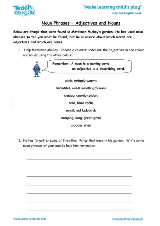 Worksheets for kids - noun_phrases_-_adjectives_and_nouns