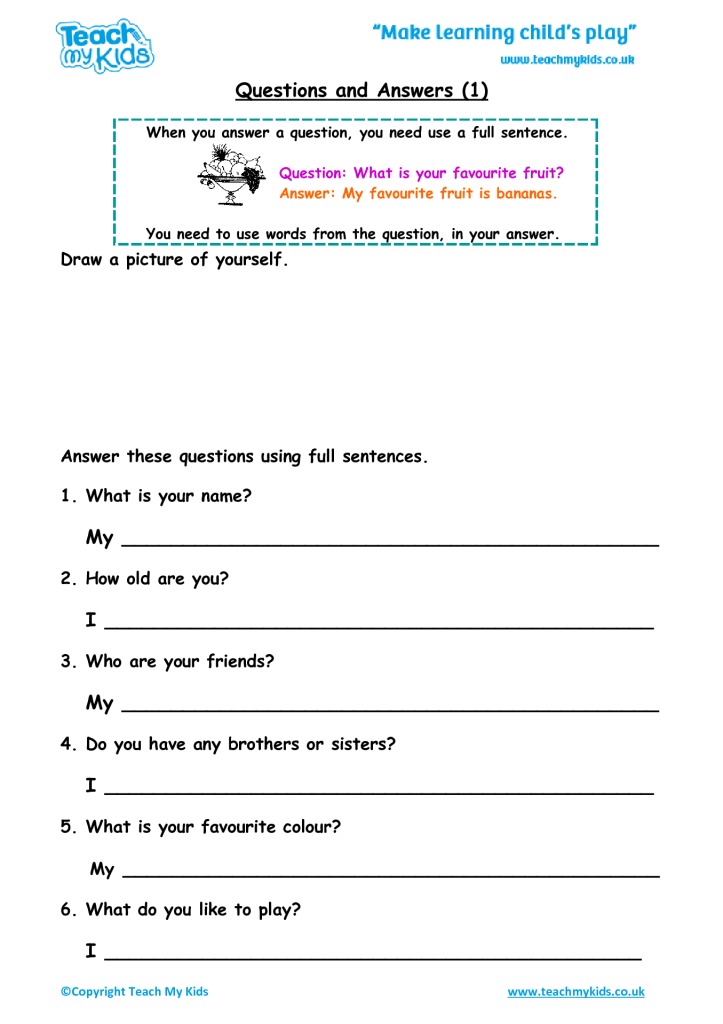 Answering In Complete Sentences Worksheet