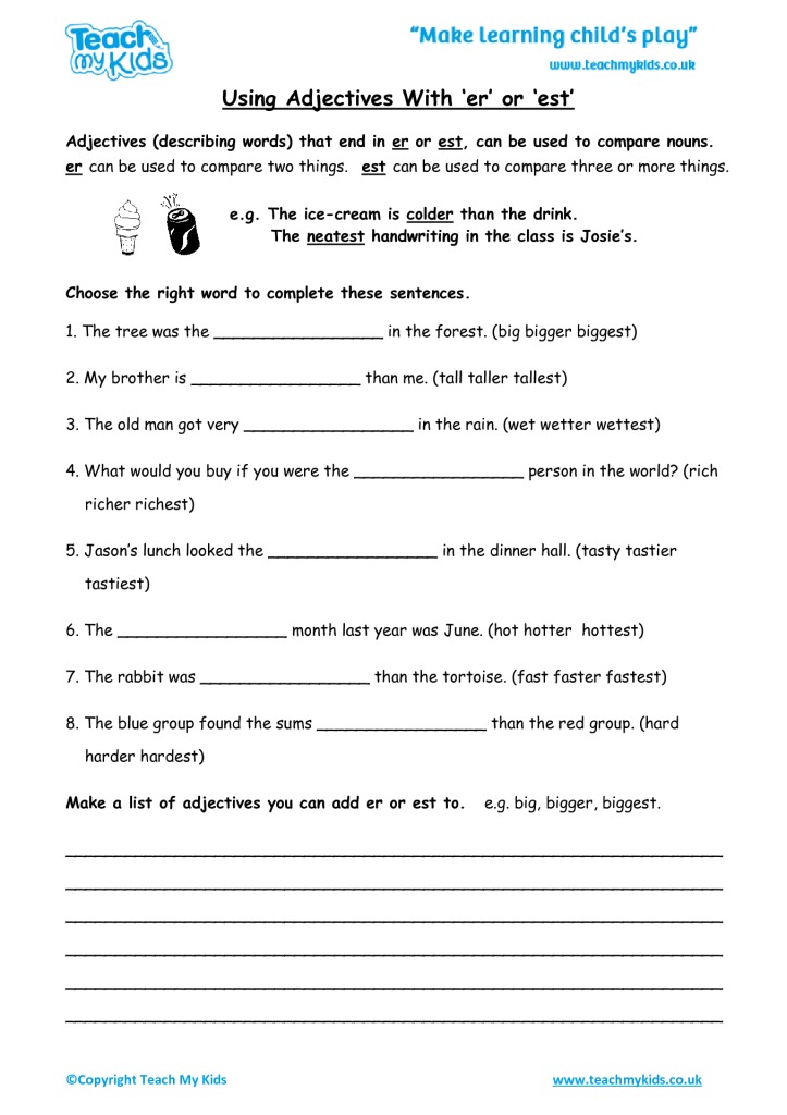 Adjectives With Er And Est Worksheets First Grade