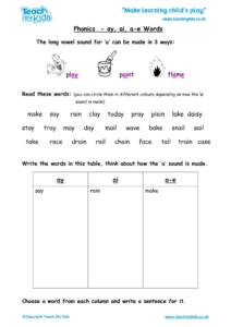 Worksheets for kids - phonics-ay-ai-a-e-words