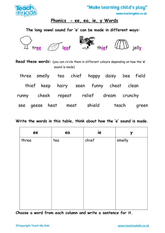 Worksheets for kids - phonics-ee-ea-ie-y-words