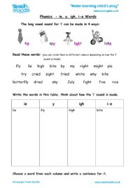 Worksheets for kids - phonics-ie-y-igh-i-e-words