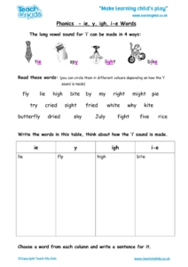 Worksheets for kids - phonics-ie-y-igh-i-e-words