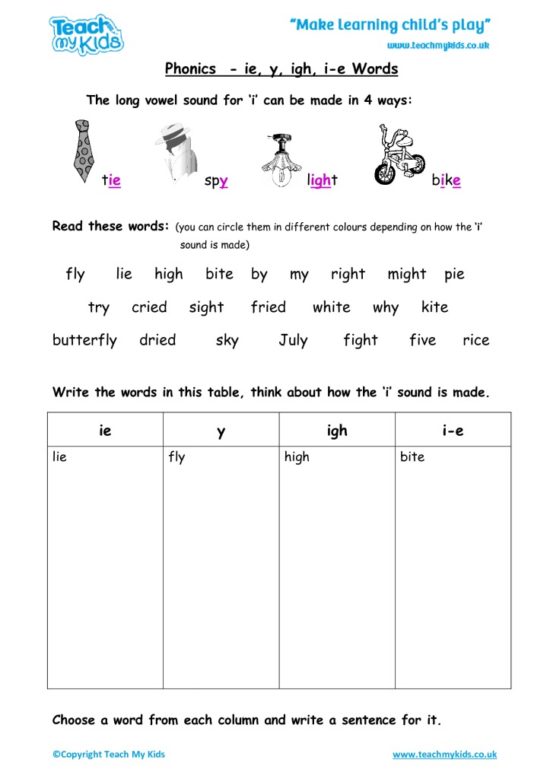 Worksheets for kids - phonics-ie-y-igh-i-e-words