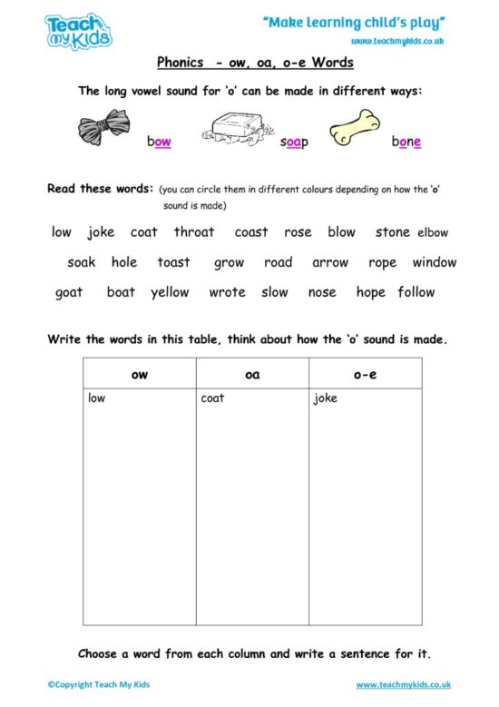 Worksheets for kids - phonics-ow-oa-o-e-words