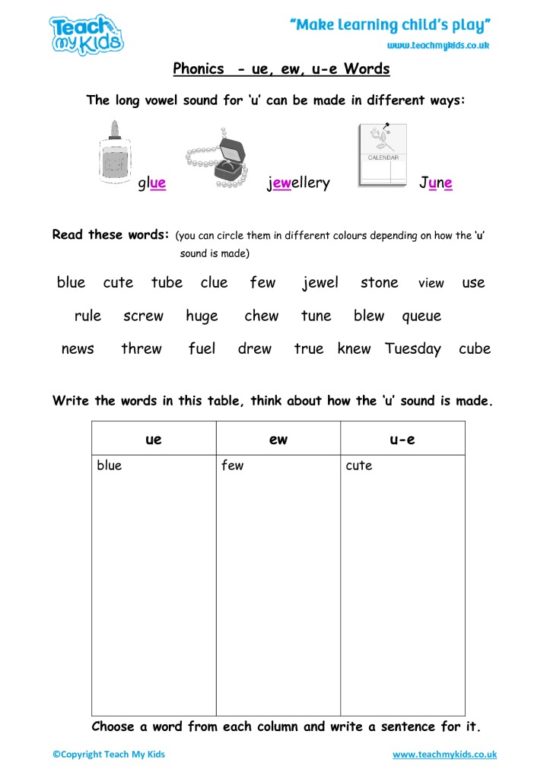 Worksheets for kids - phonics-ue-ew-u-e-words