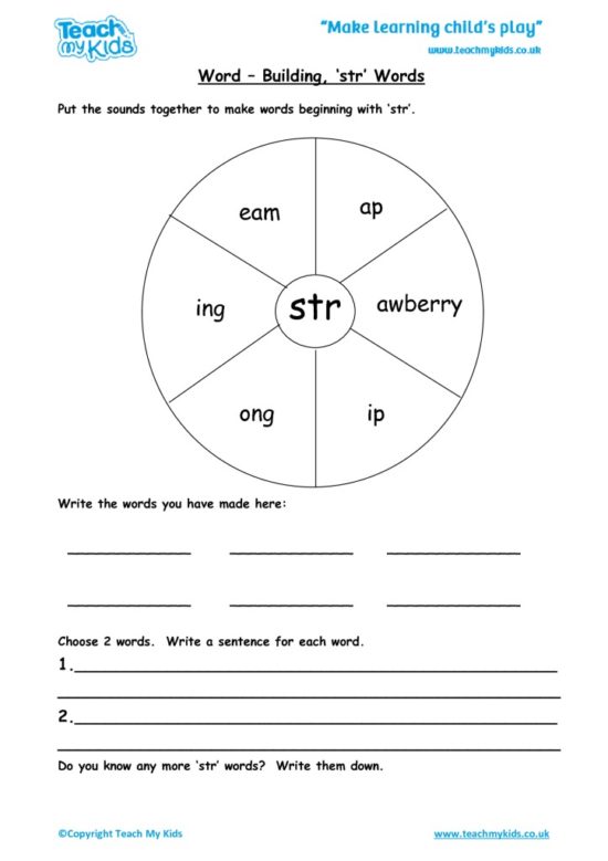 Worksheets for kids - word-building-str-words