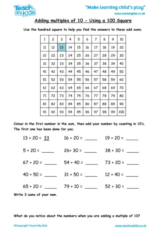 Worksheets for kids - adding-multiples-of-10-using-a-100-square