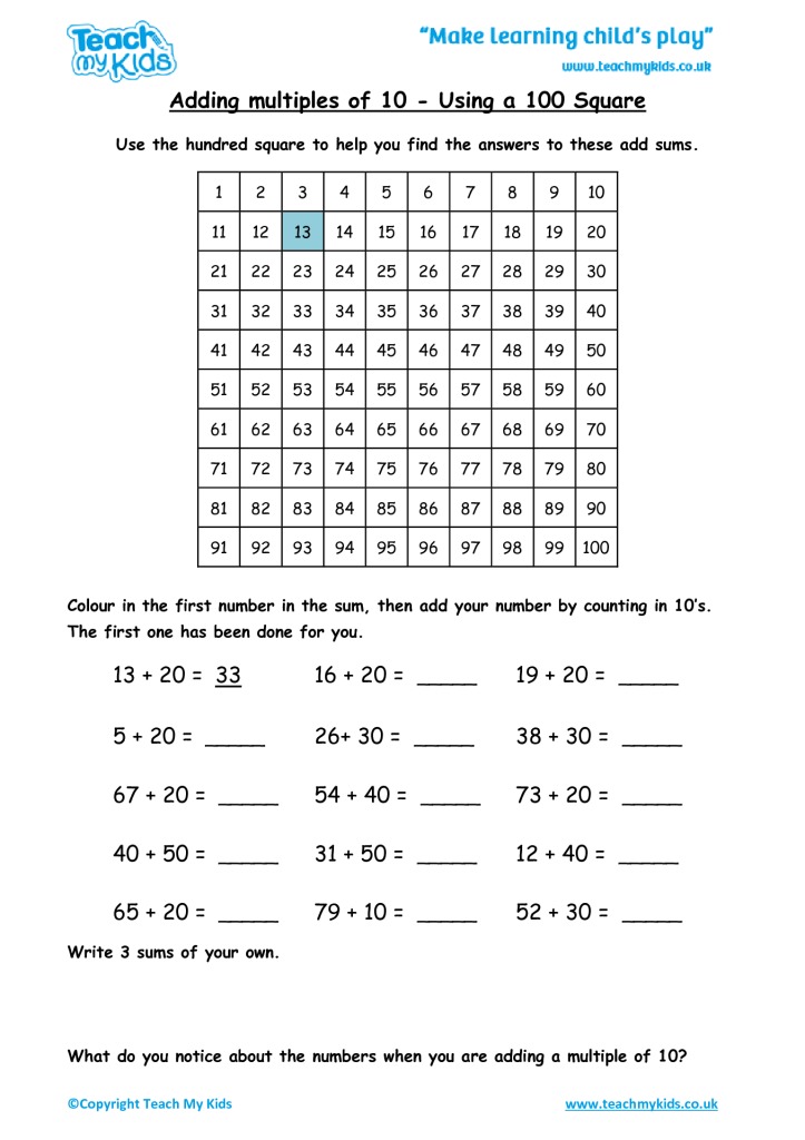 Addition Using A 100 Square Worksheet