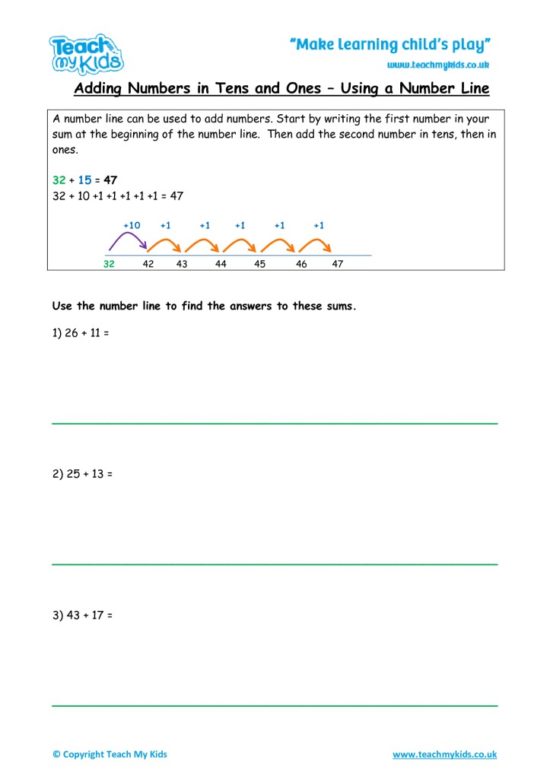 Worksheets for kids - adding-numbers-in-tensones-number-line