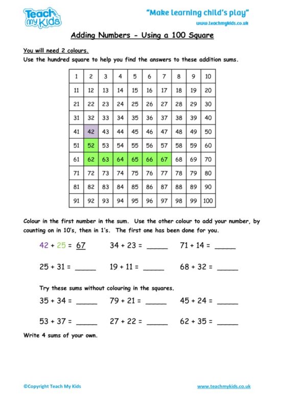Worksheets for kids - adding-numbers-using-a-hundred-square