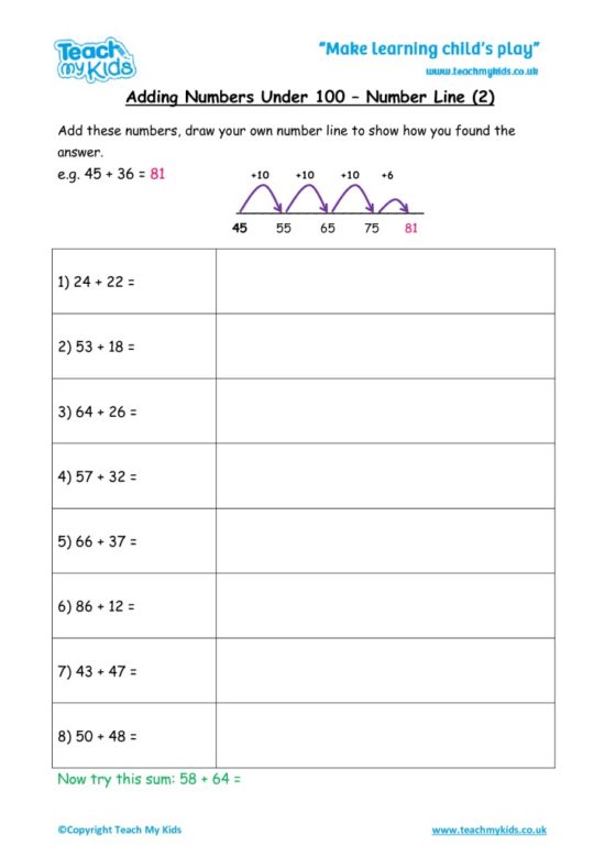 Worksheets for kids - adding-under-100-number-line-2