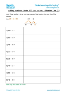 Worksheets for kids - adding-under-100-number-line