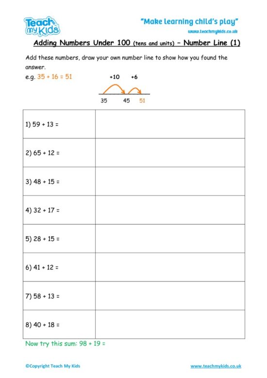 Worksheets for kids - adding-under-100-number-line
