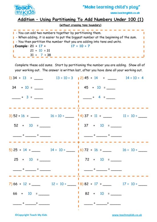 Worksheets for kids - addition-partition-nos-under-100-1
