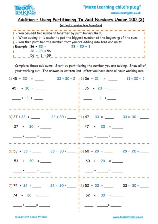 Worksheets for kids - addition-partition-nos-under-100-2