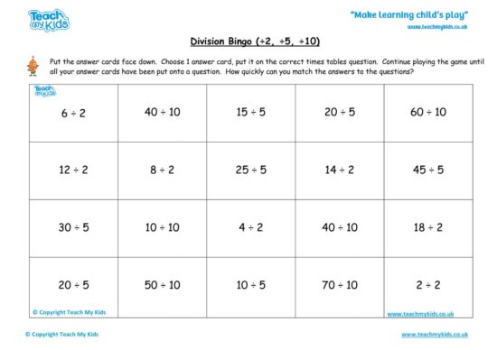 Worksheets for kids - division-bingo-2-5-10