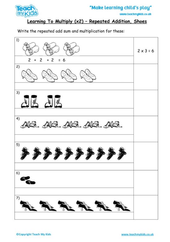 Worksheets for kids - learning-to-multiply-repeated-add-x2-shoes